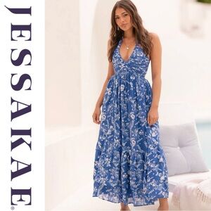 Jessakae Blue V-Neck Merliah Halter Maxi Vacation Dress, Plus Size 1x, NWT!